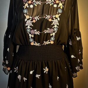 Maeve Black Mini Dress with Vibrant Embroidery